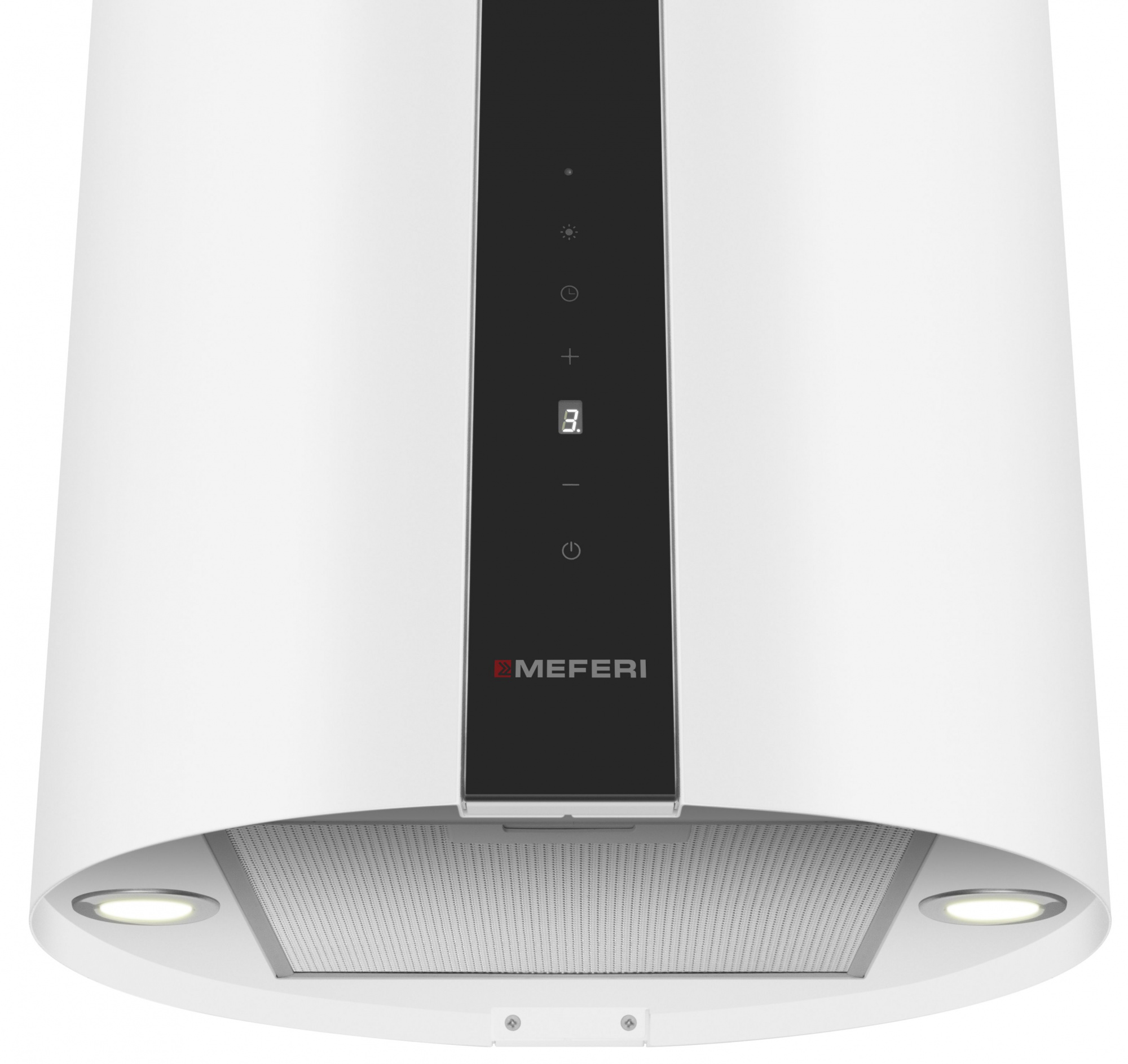 Вытяжка кухонная цилиндрическая островная MEFERI TUBE40WH ISLA COMFORT PLUS, 40 см, белая, производительность 1200 м3/ч, 5 скоростей, режимы отвод и рециркуляция, сенсорное управление, гарантия 3 года