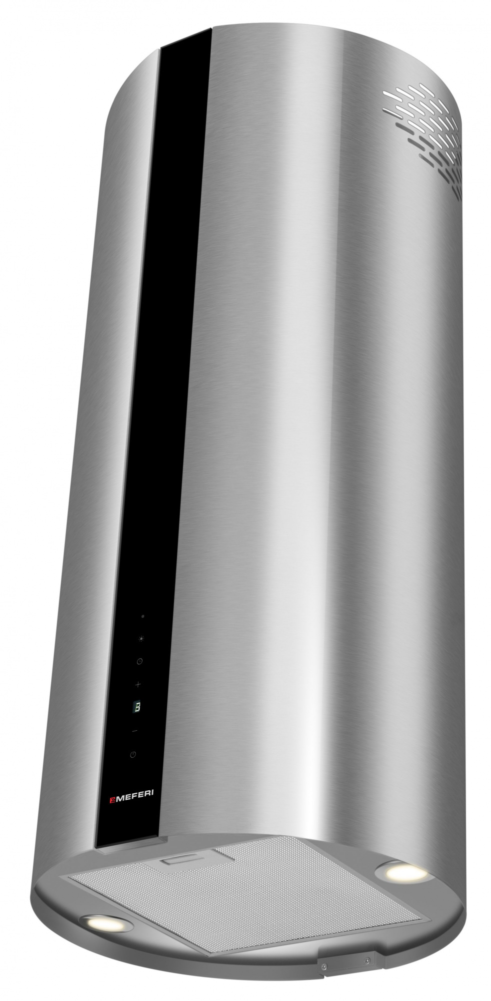 Вытяжка кухонная цилиндрическая островная MEFERI TUBE40IX ISLA COMFORT PLUS, 40 см, серая, производительность 1200 м3/ч, 5 скоростей, режимы отвод и рециркуляция, сенсорное управление, гарантия 3 года