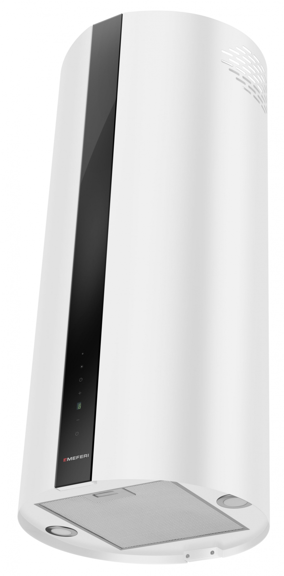Вытяжка кухонная цилиндрическая островная MEFERI TUBE40WH ISLA COMFORT PLUS, 40 см, белая, производительность 1200 м3/ч, 5 скоростей, режимы отвод и рециркуляция, сенсорное управление, гарантия 3 года