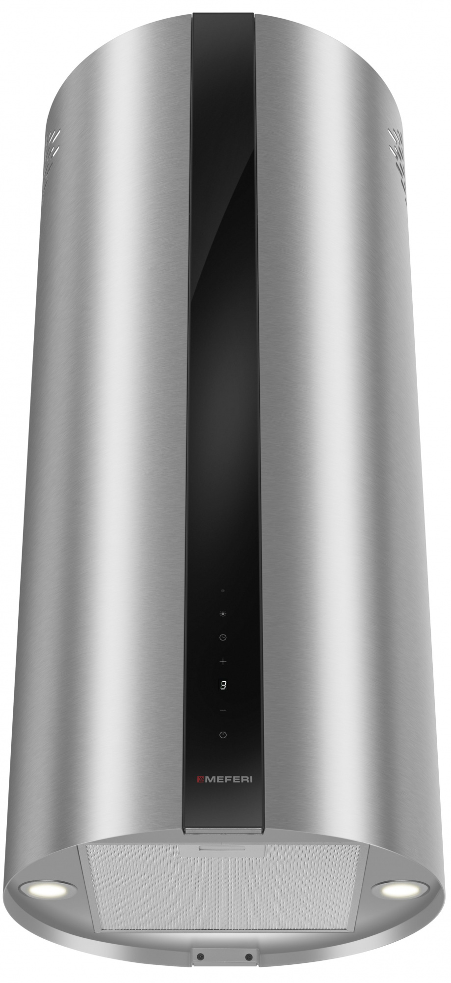 Вытяжка кухонная цилиндрическая островная MEFERI TUBE40IX ISLA COMFORT PLUS, 40 см, серая, производительность 1200 м3/ч, 5 скоростей, режимы отвод и рециркуляция, сенсорное управление, гарантия 3 года